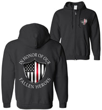 Thumbnail for In Honor Of Our Fallen Fireman ZIP-UP Hoodie Sweatshirt | Thin Red Line American Flag Hoodie | Aggressive Thread Patriotic Apparel