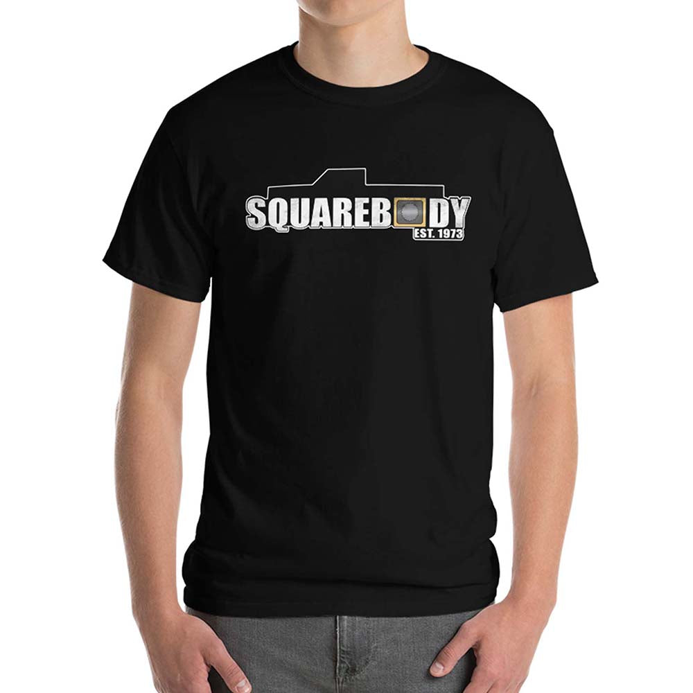 Square Body Est 1973 T-Shirt modeled in black