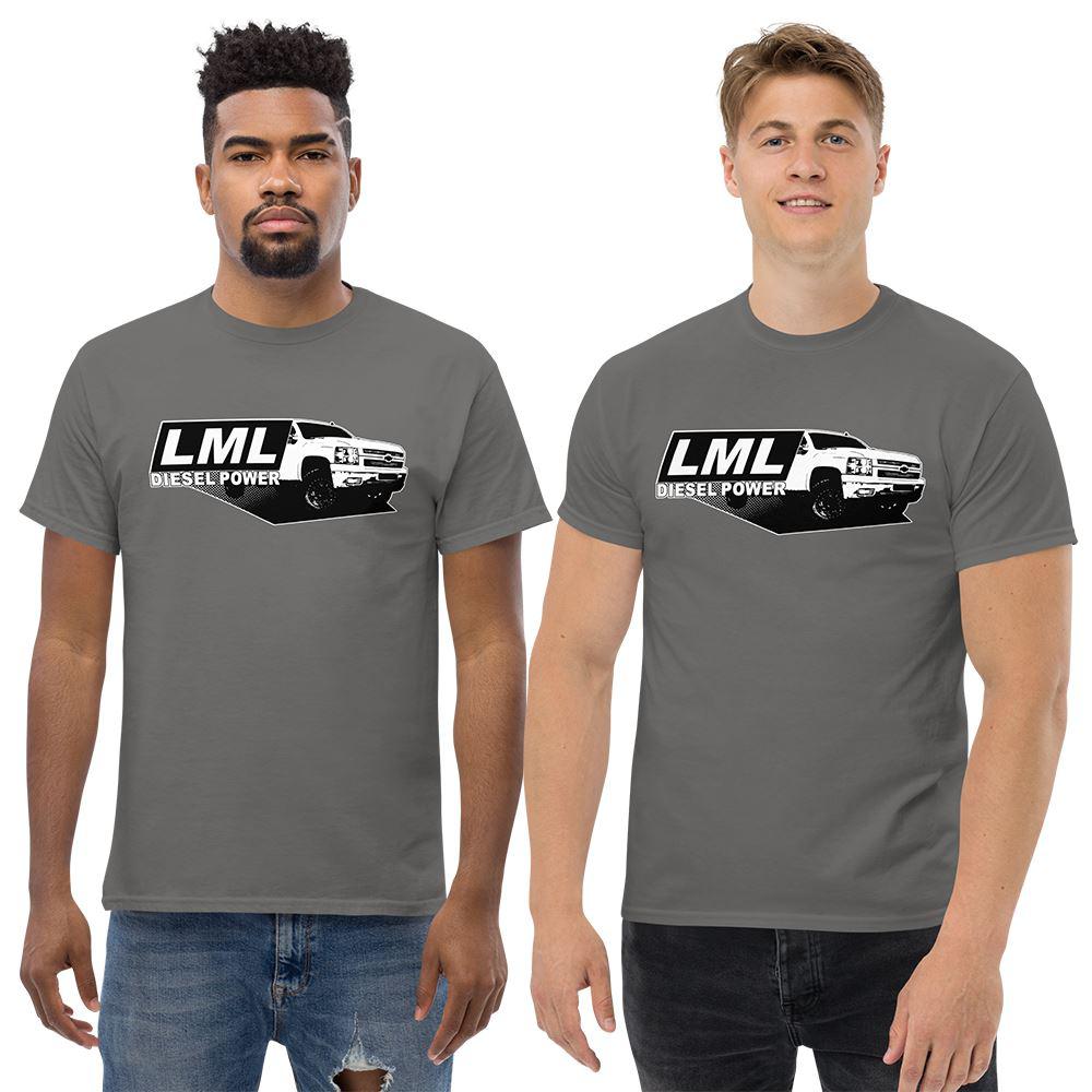 Men Wear A LML Duramax T-Shirt With 2010 2500 Truck - Aggressive Thread Auto Apparel - Color Grey