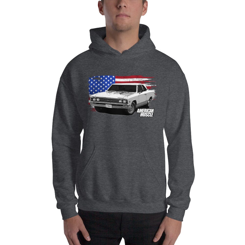 Man posing in 1967 Chevelle Hoodie With American Flag From Aggressive Thread. Color Grey