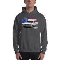 Thumbnail for Man posing in 1967 Chevelle Hoodie With American Flag From Aggressive Thread. Color Grey