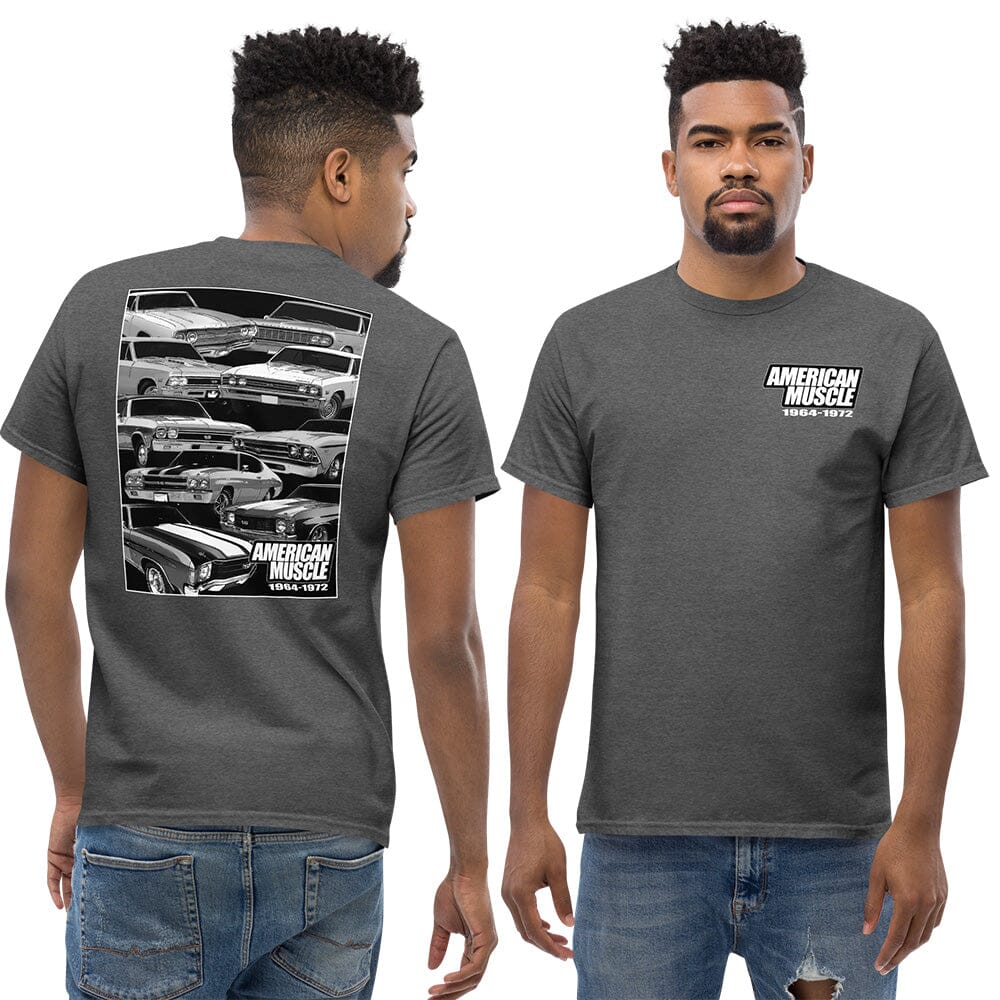 Man Wearing 1964-1972 Chevelle T-Shirt From Aggressive Thread - Color Grey Front And Back View