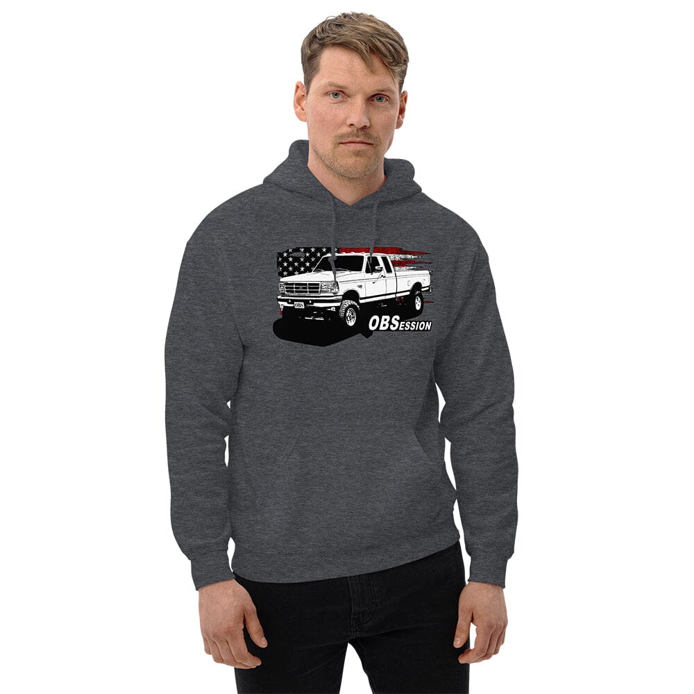 Man Posing In OBS Extended Cab F250 Hoodie From Aggressive Thread - Color Grey