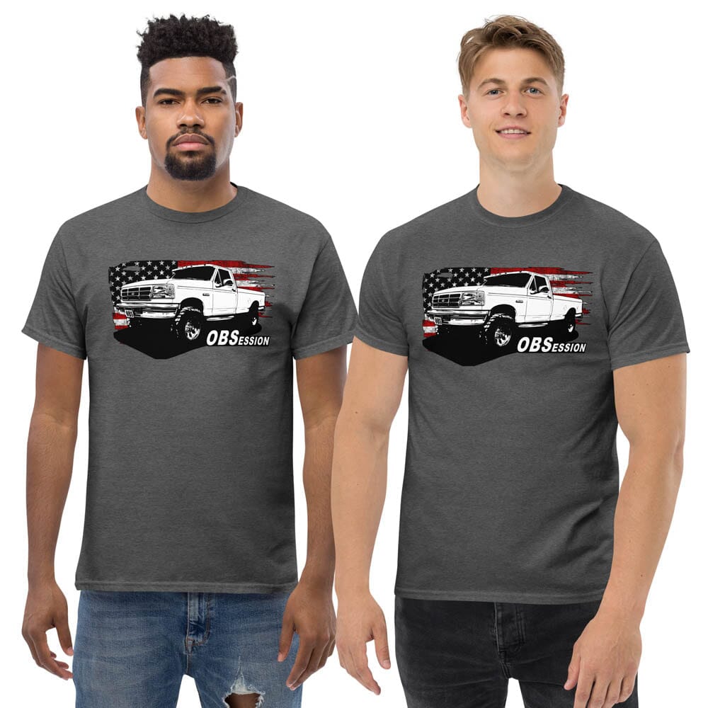 Men Posing in OBS Ford F250 Single Cab T-Shirt From Aggressive Thread - Color Dark Heather