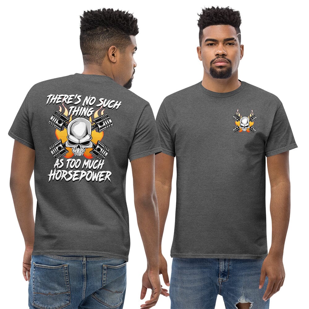 Man wearing a Gearhead / Car Guys T-Shirt From Aggressive Thread - Front and back view in Grey
