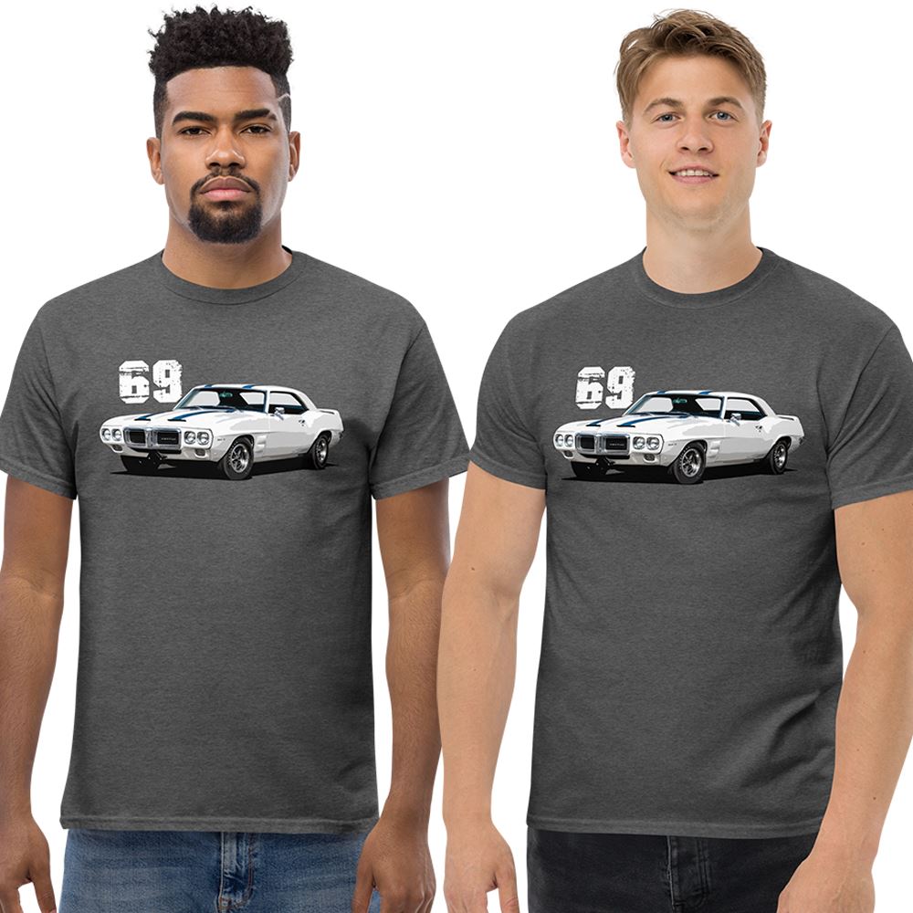 Men wearing a 69 Firebird Trans Am T-Shirt in grey From Aggressive Thread