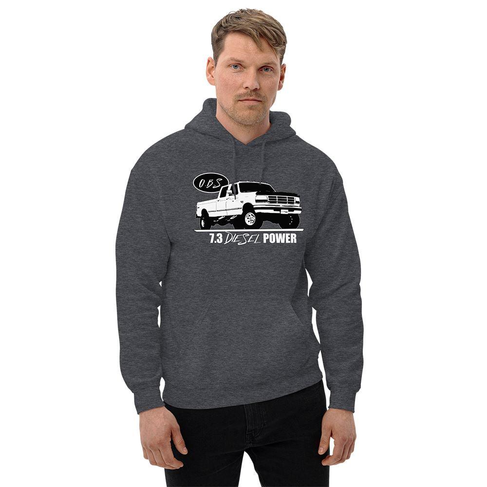 Man wearing a 7.3 Power Stroke OBS Crew Cab Hoodie in grey from Aggressive Thread