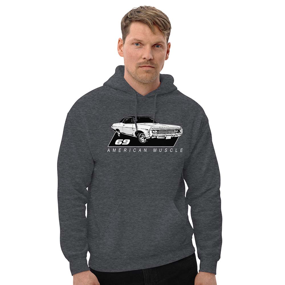 man modeling 69 Impala Hoodie in grey