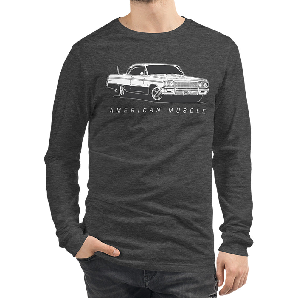 man modeling 1964 Impala Long Sleeve T-Shirt in heather grey