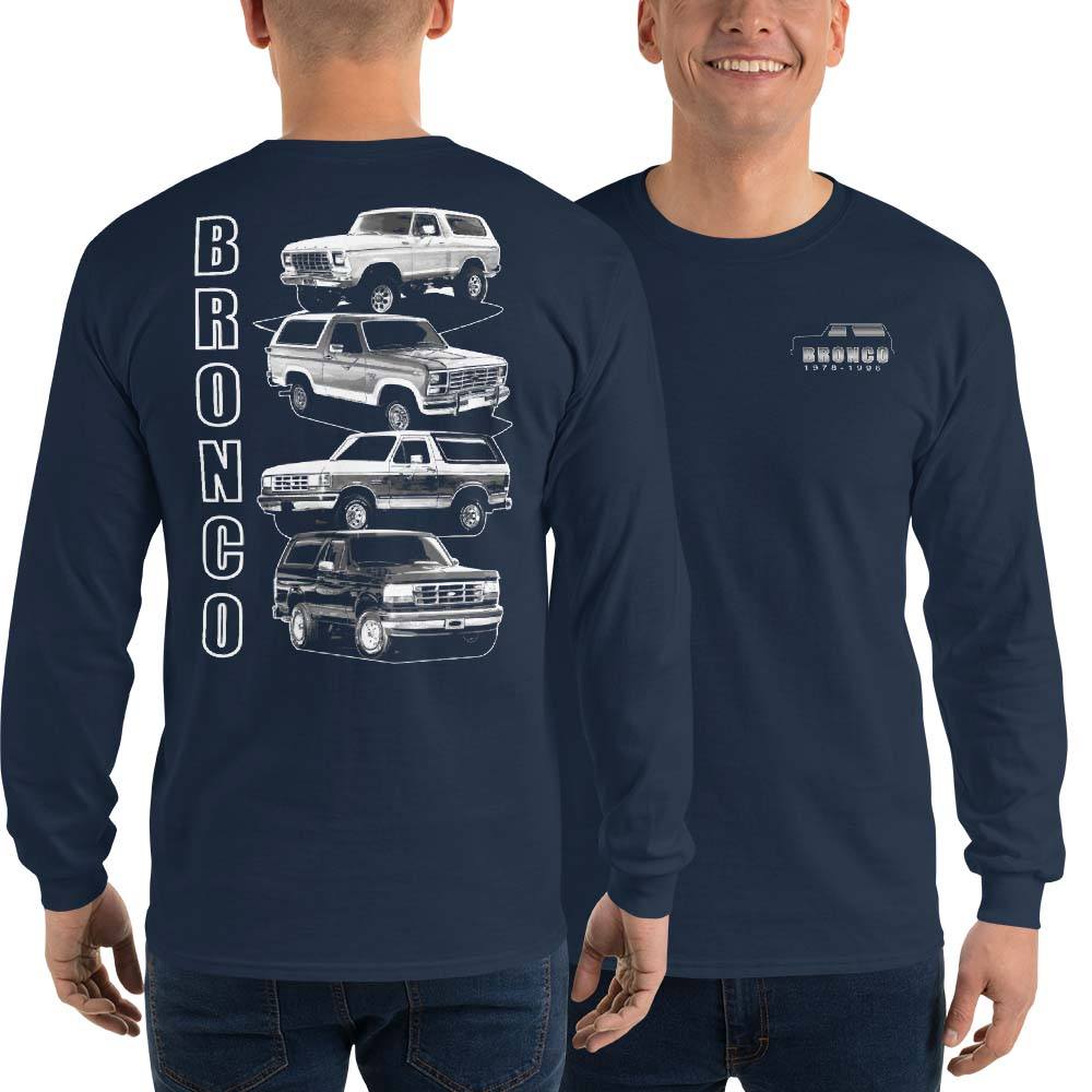 Ford bronco classic long sleeve shirt modeled in navy