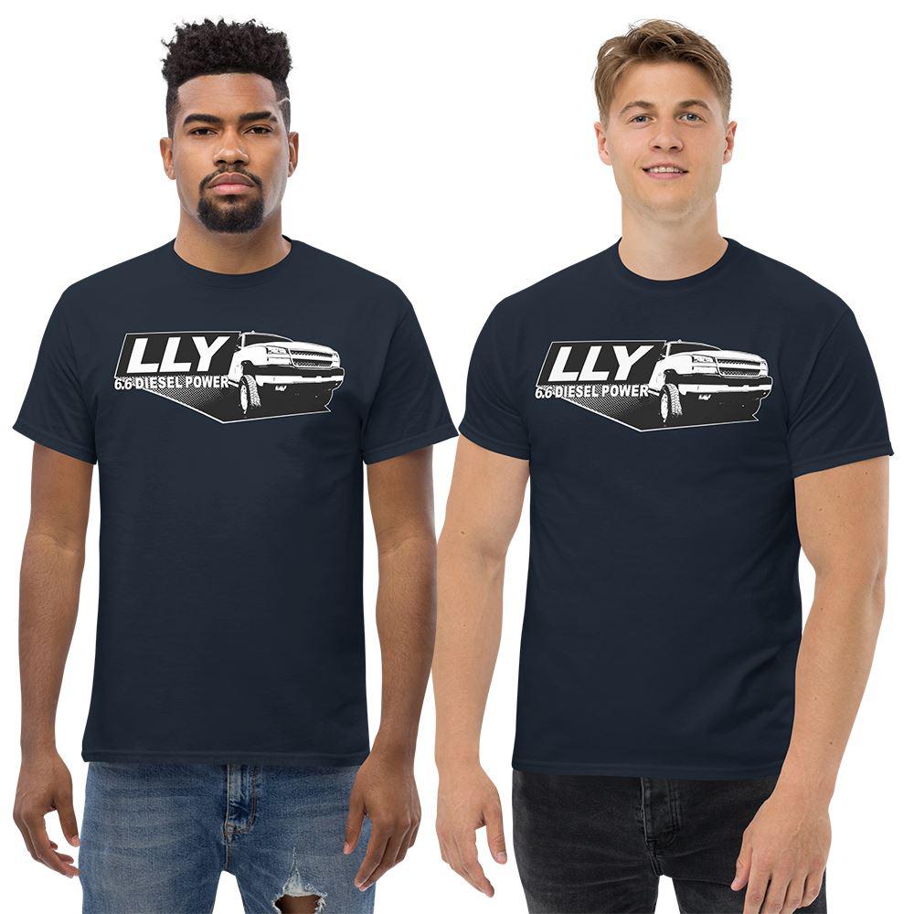 Men Wearing a LLY Duramax T-Shirt in Navy From Aggressive Thread