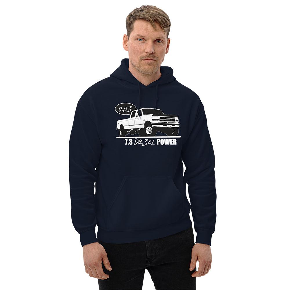 Man wearing a 7.3 Power Stroke OBS Crew Cab Hoodie in navy from Aggressive Thread