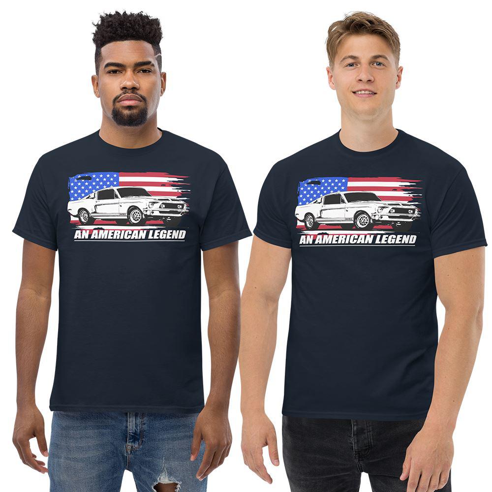 Men Wearing A 1968 Mustang Fastback T-Shirt From Aggressive Thread - Color Navy