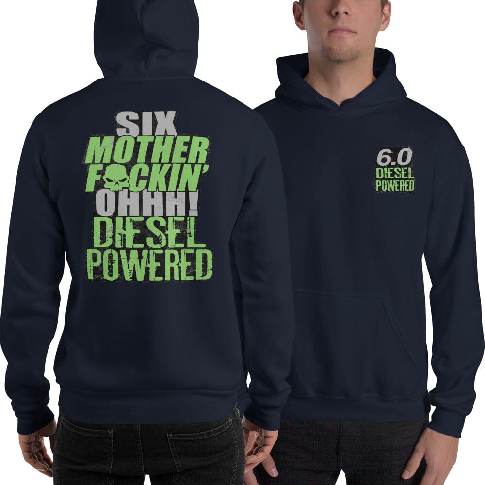 Man wearing 6.0 Power Stroke Hoodie From Aggressive Thread - Color Navy