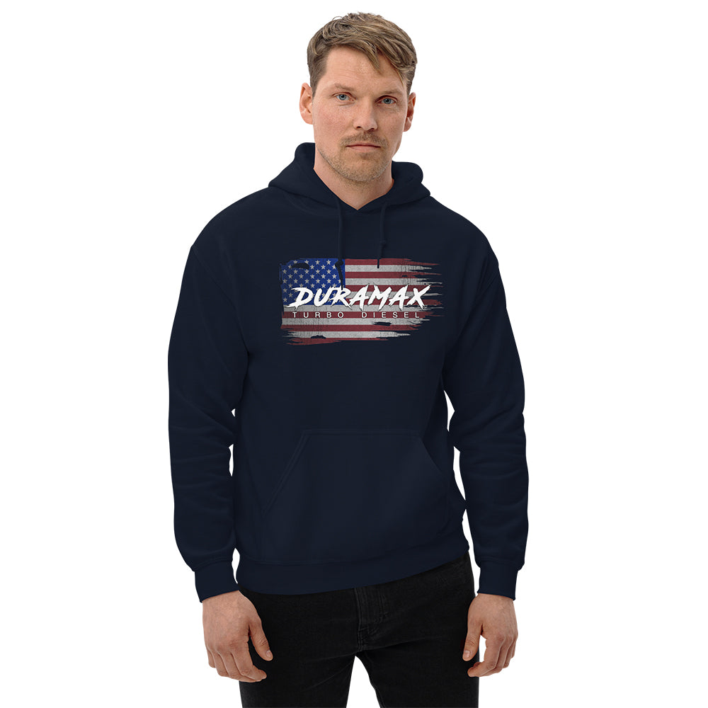 Man Wearing a Duramax American Flag Hoodie in Navy From Aggressive Thread