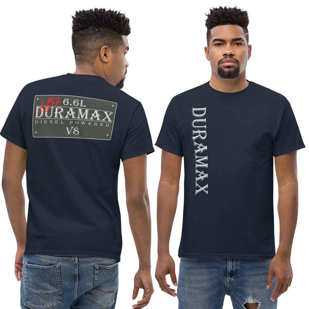 man wearing navy Lb7 duramax t-shirt with vintage sign design