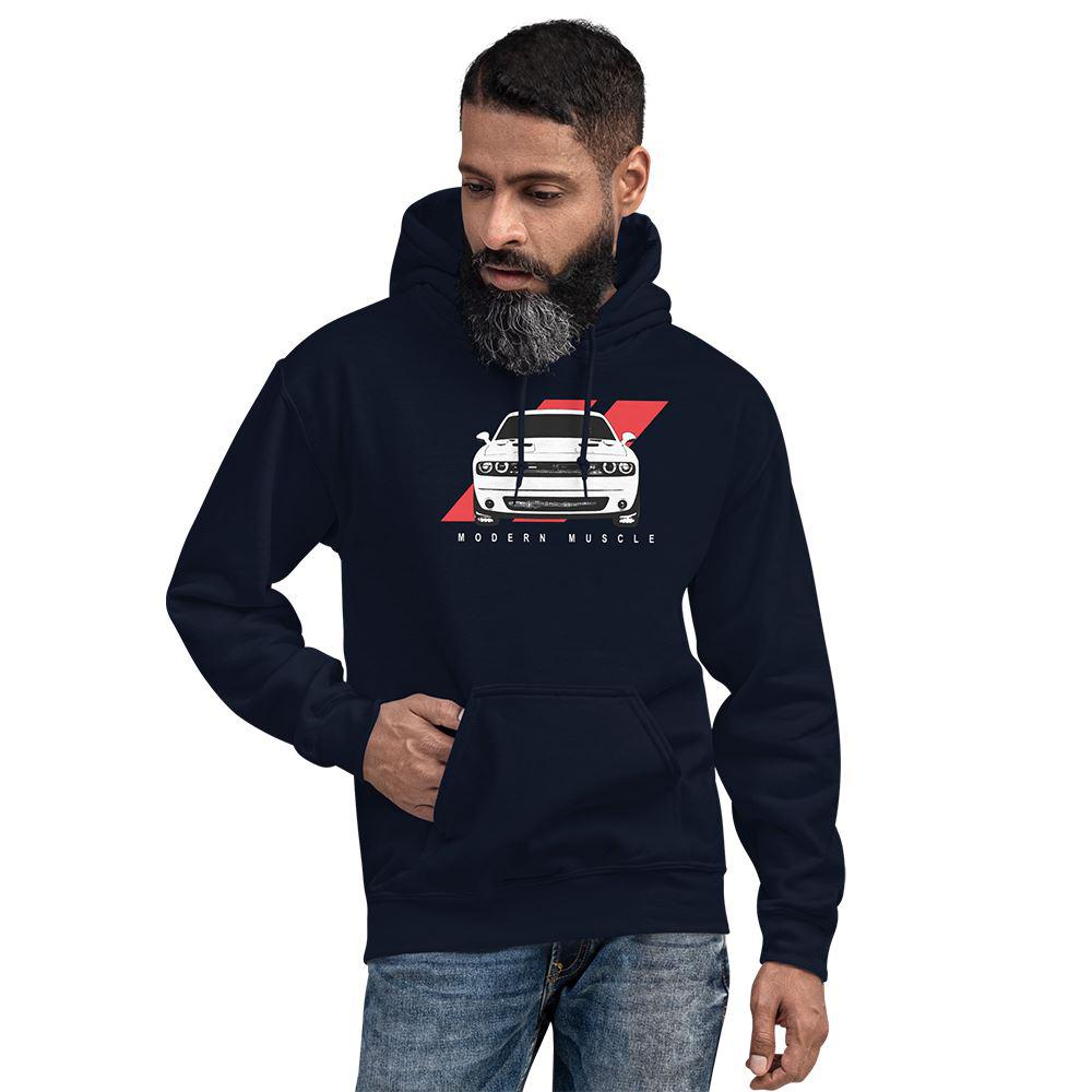 Man wearing a Dodge Challenger Hoodie From Aggressive Thread - Color Navy