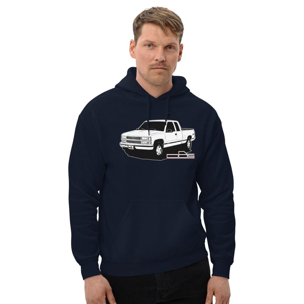 Man Wearing OBS Chevy Truck Hoodie Shirt From Aggressive Thread Truck Apparel - Color Navy