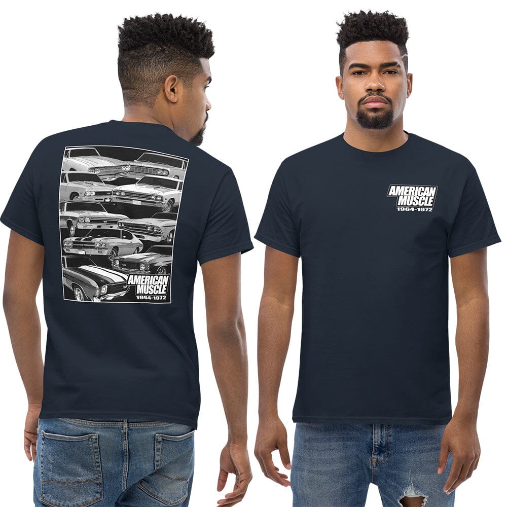 Man Wearing 1964-1972 Chevelle T-Shirt From Aggressive Thread - Color Navy Front And Back View