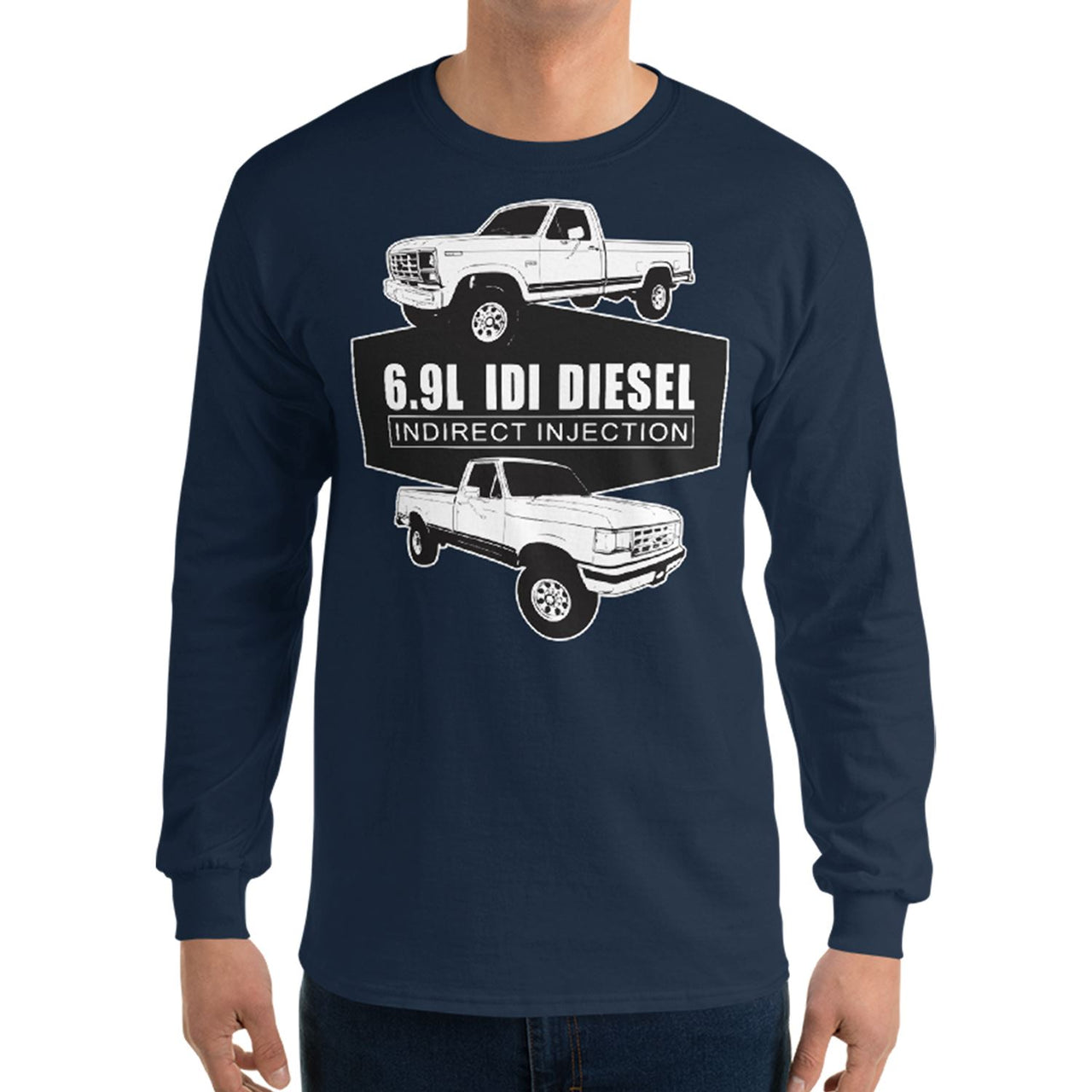man wearing a 6.9 IDI Diesel Truck long sleeve Shirt in navy
