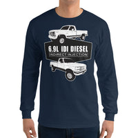 Thumbnail for man wearing a 6.9 IDI Diesel Truck long sleeve Shirt in navy