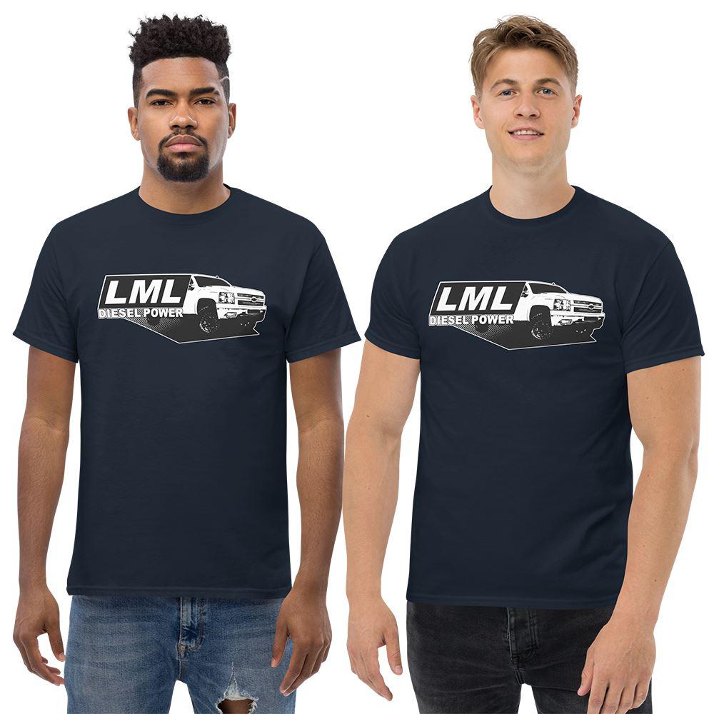 Men Wear A LML Duramax T-Shirt With 2010 2500 Truck - Aggressive Thread Auto Apparel - Color Navy