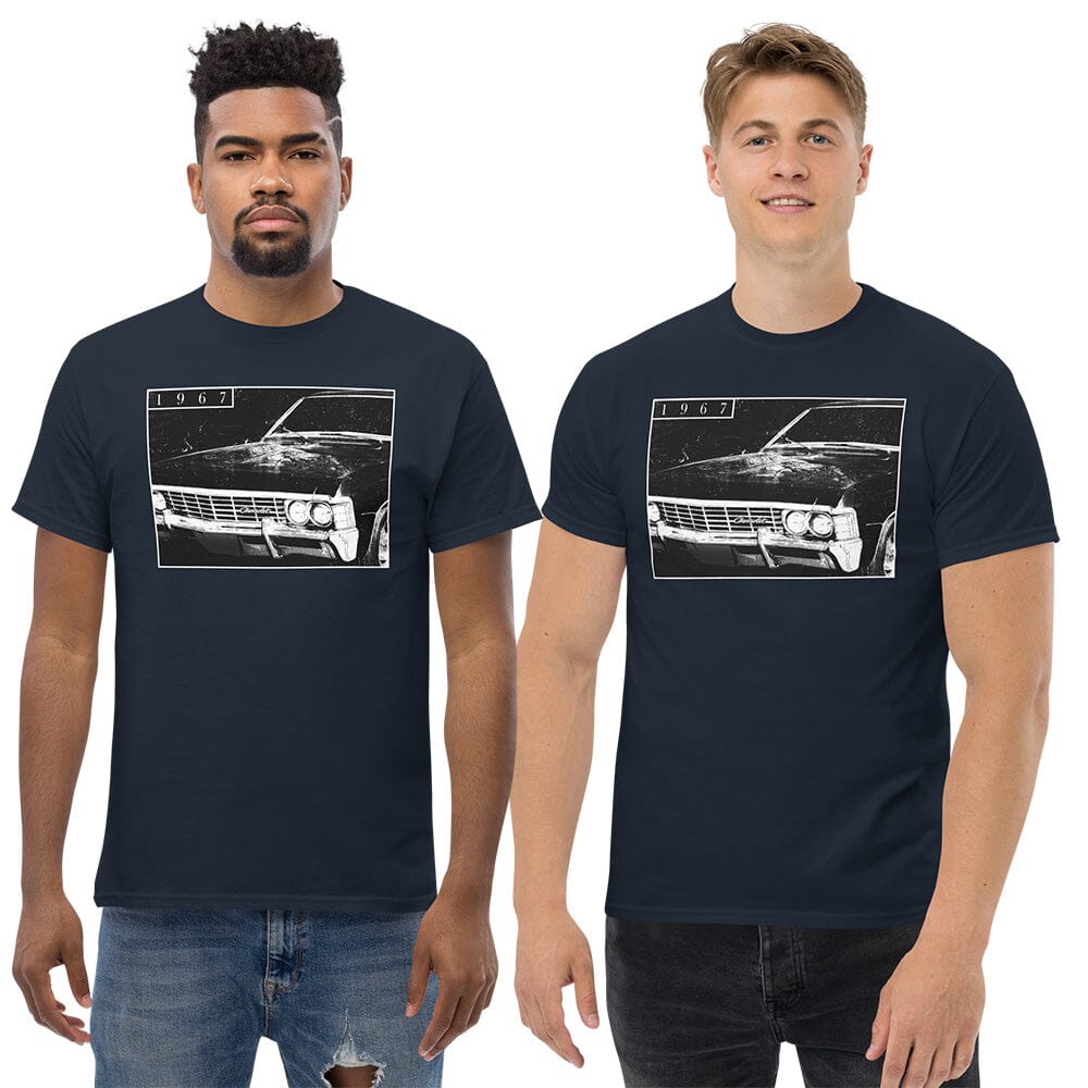 Men Wearing 1967 Chevrolet Impala T-Shirt From Aggressive Thread - Color Navy
