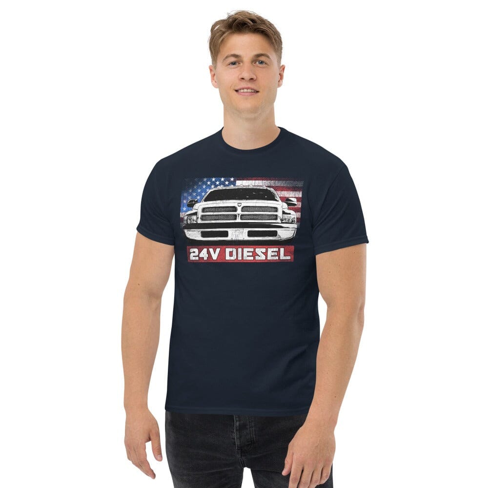 Man Posing In 24v Cummins T-Shirt From Aggressive Thread - Navy