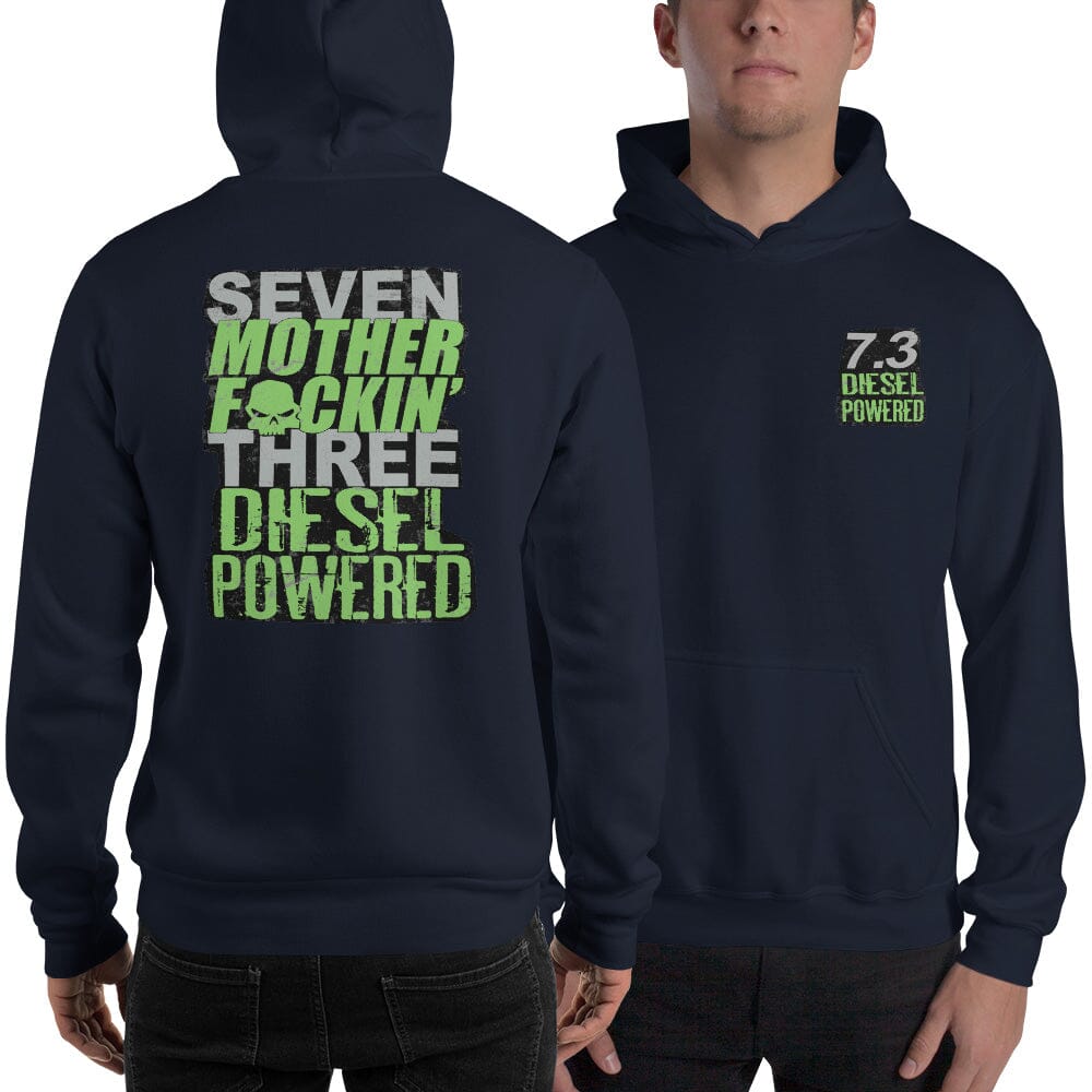 Man Wearing a 7.3 Power Stroke Hoodie From Aggressive Thread - Navy
