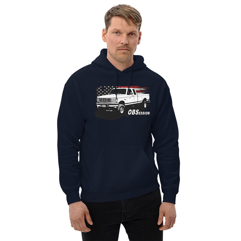 Man Posing In OBS Extended Cab F250 Hoodie From Aggressive Thread - Color Navy