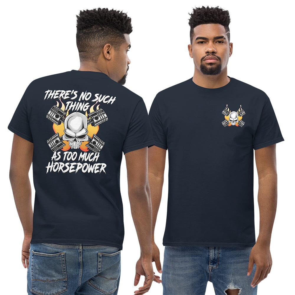 Man wearing a Gearhead / Car Guys T-Shirt From Aggressive Thread - Front and back view in Navy