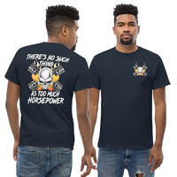 Thumbnail for Man wearing a Gearhead / Car Guys T-Shirt From Aggressive Thread - Front and back view in Navy