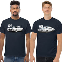 Thumbnail for Men wearing a 69 Firebird Trans Am T-Shirt in navy From Aggressive Thread