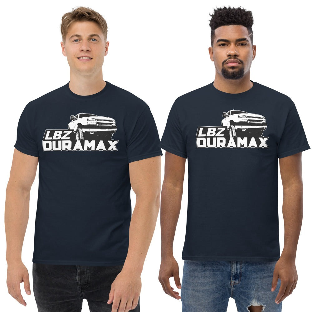 men modeling LBZ Duramax Truck T-Shirt in navy | aggressive thread