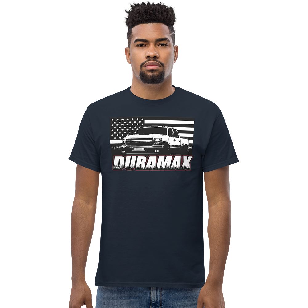 Man Wearing a Duramax T-Shirt in navy | Aggressive Thread Diesel Truck Apparel