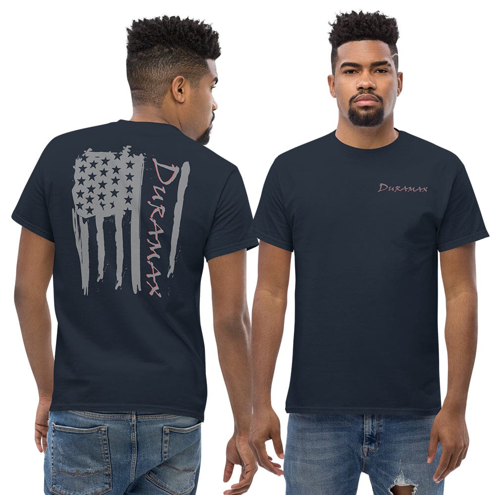 Thin Man Wearing a Duramax American Flag T-Shirt In Navy