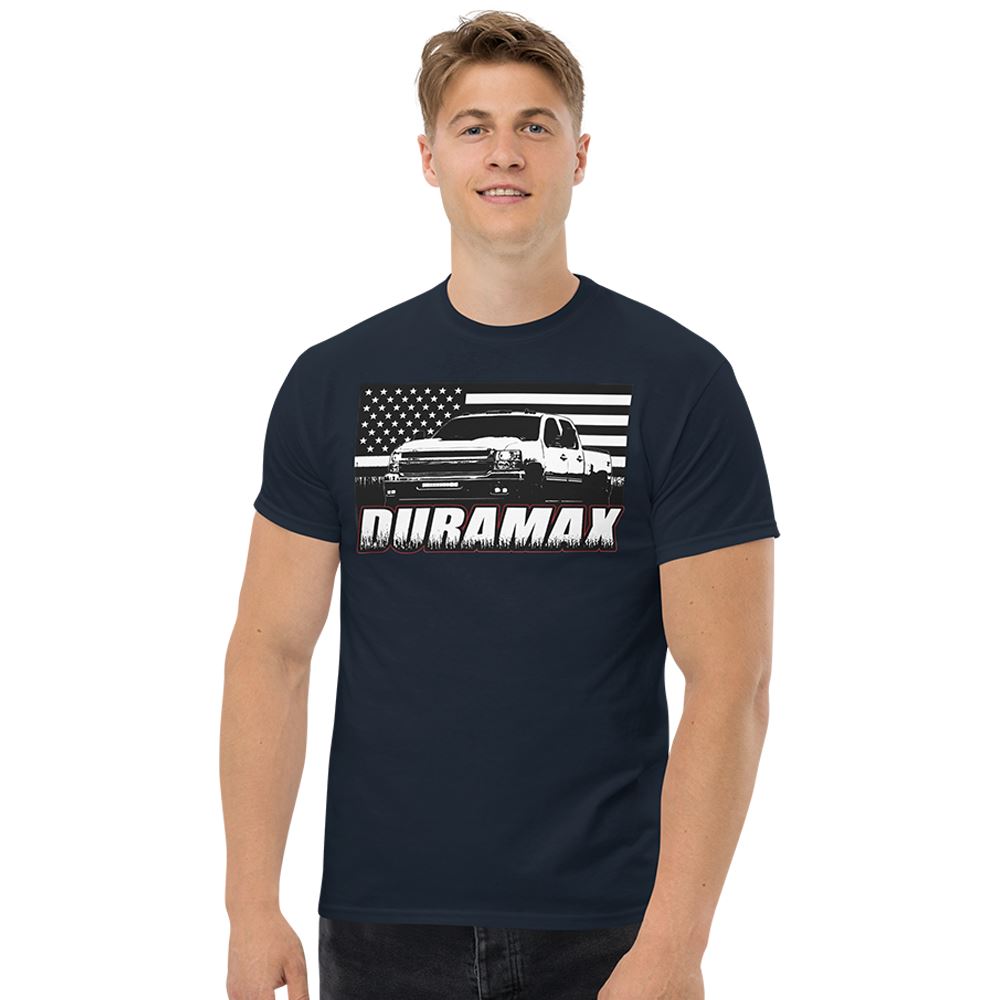 Man Wearing a Duramax T-Shirt in navy | Aggressive Thread Diesel Truck Apparel