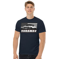 Thumbnail for Man Wearing a Duramax T-Shirt in navy | Aggressive Thread Diesel Truck Apparel