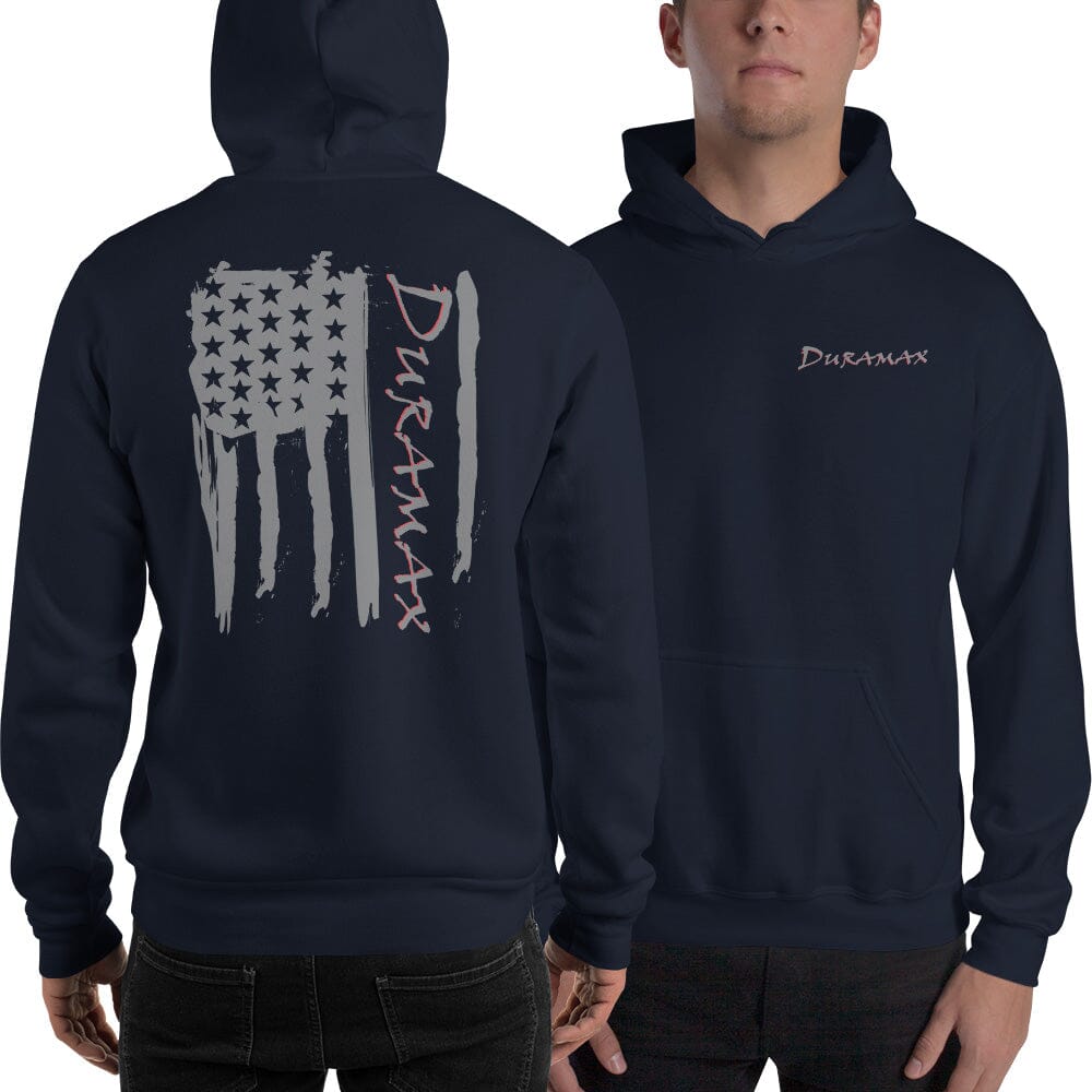 Man Posing in Duramax Hoodie With Grey American Flag On the Back From Aggressive Thread - Color Navy