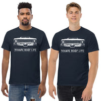 Thumbnail for Men wearing a 73-75 Square Body T-Shirt in navy from Aggressive Thread