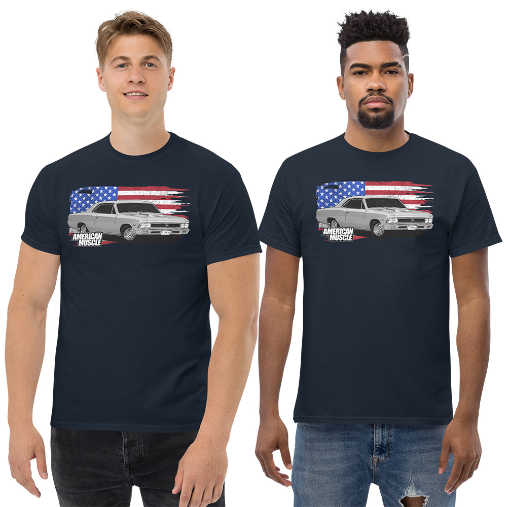 Men modeling 1966 Chevelle SS T-Shirt in navy From Aggressive Thread