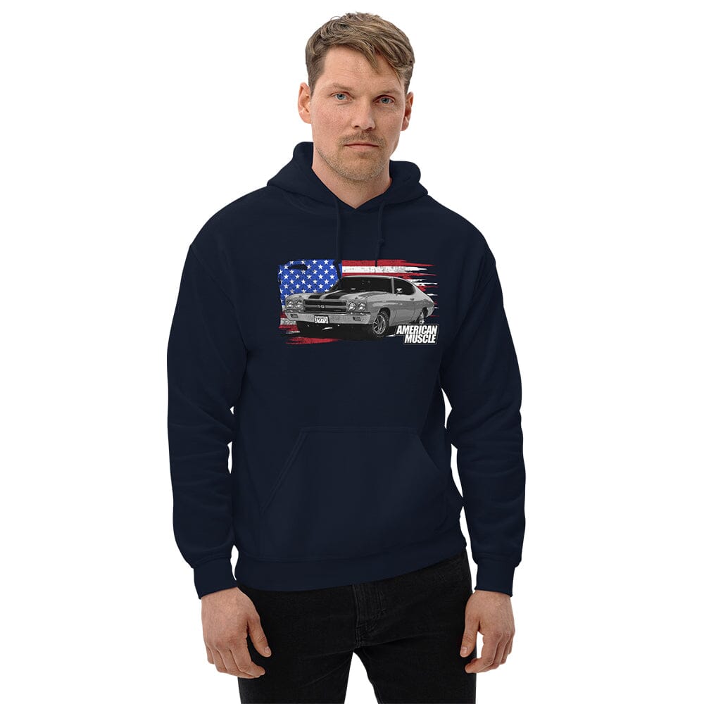 Man Wearing a 1970 Chevrolet Chevelle Sweatshirt Hoodie From Aggressive Thread - Navy