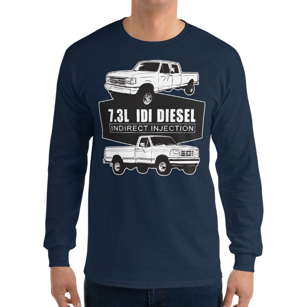 man wearing a 7.3 IDI Diesel Truck long sleeve Shirt in navy