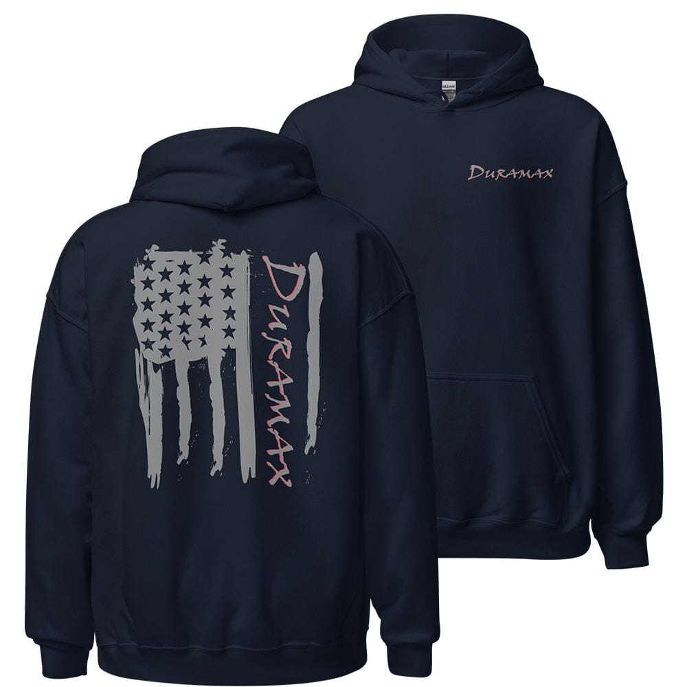 Duramax Hoodie With Grey American Flag On the Back From Aggressive Thread - Color Navy