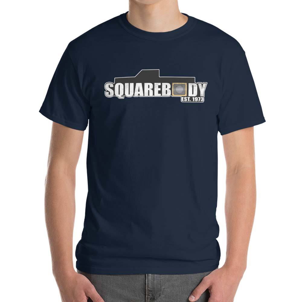 Square Body Est 1973 T-Shirt modeled in navy