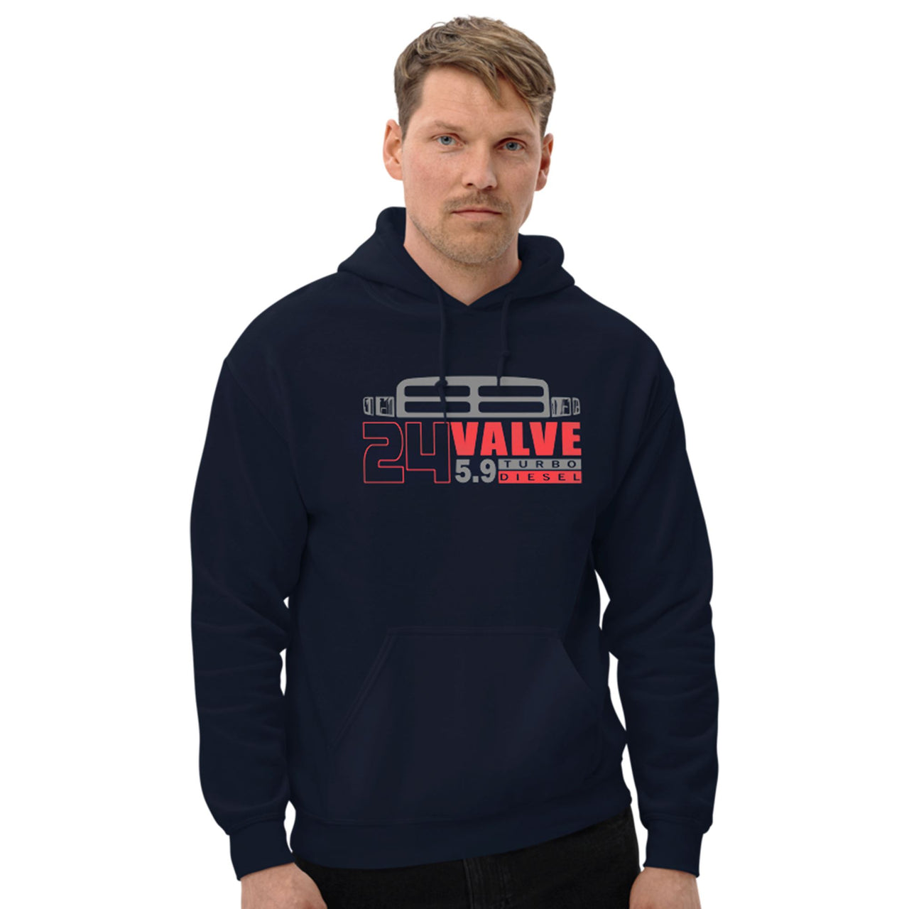 man modeling 24v Cummins Hoodie From Aggressive Thread in navy