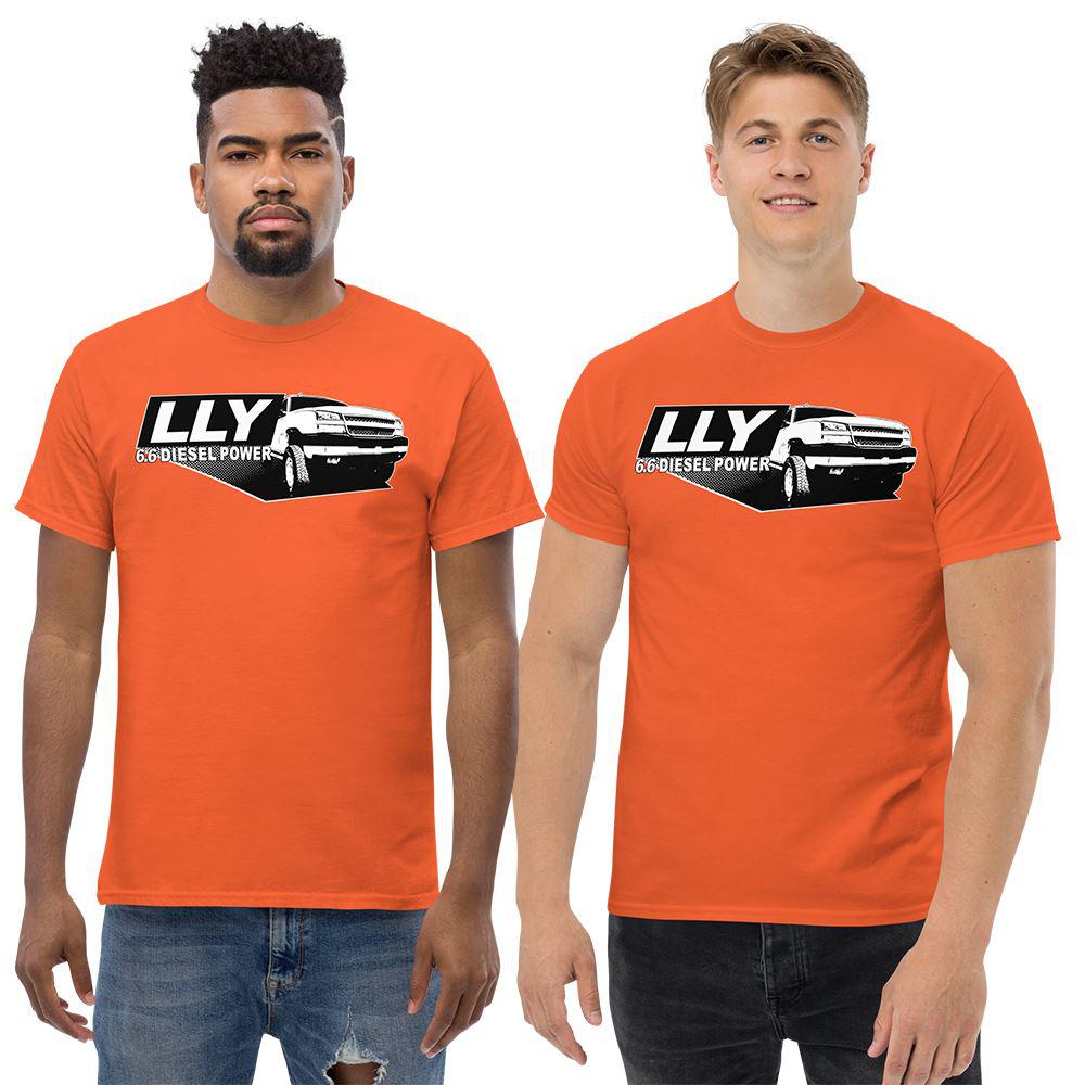Men Wearing a LLY Duramax T-Shirt in Orange From Aggressive Thread