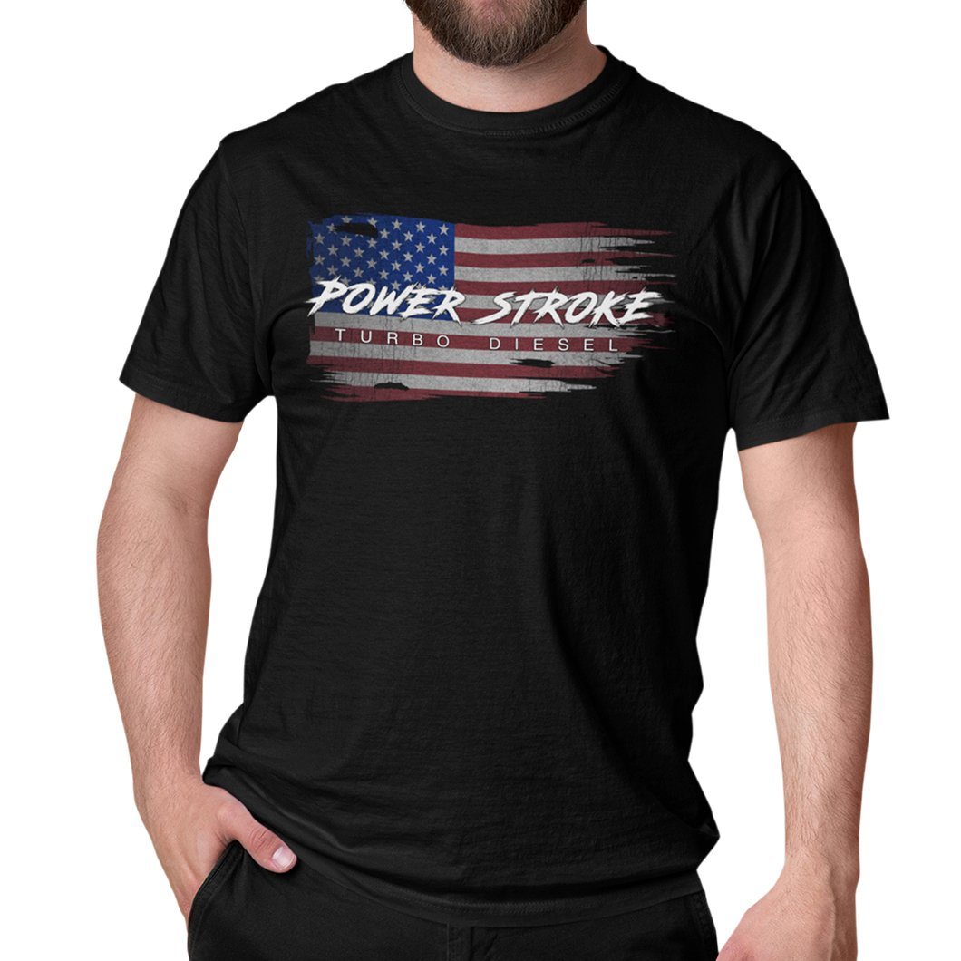 Power Stroke Powerstroke American Battle Flag T-ShirtPower Stroke Diesel American Flag T-Shirt modeled in black from Aggressive Thread