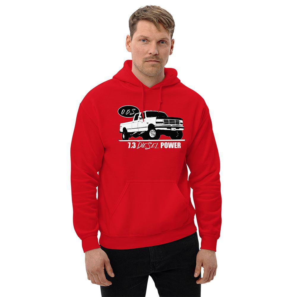 Man wearing a 7.3 Power Stroke OBS Crew Cab Hoodie in red from Aggressive Thread