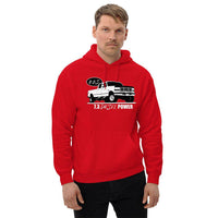 Thumbnail for Man wearing a 7.3 Power Stroke OBS Crew Cab Hoodie in red from Aggressive Thread